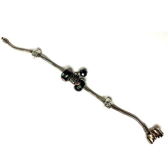 925 Silver 7” Bracelet 2 Glass Beads Dangling Charm & Ball Clasp - Picture 3 of 8